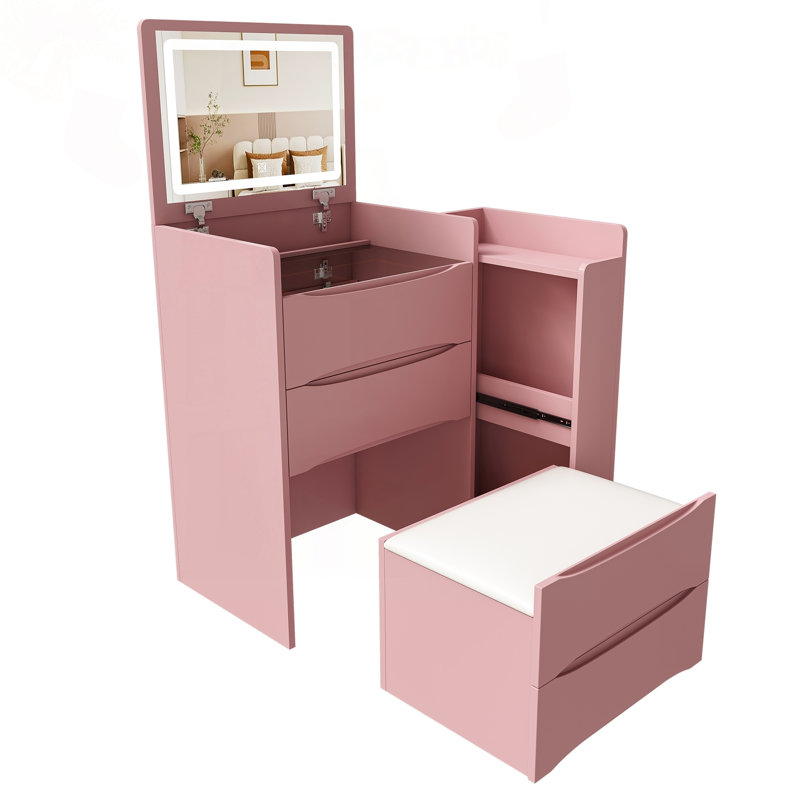 Bureau de meuble-lavabo à miroir 3 en 1 avec DEL réglable et plateau latéral, Rose