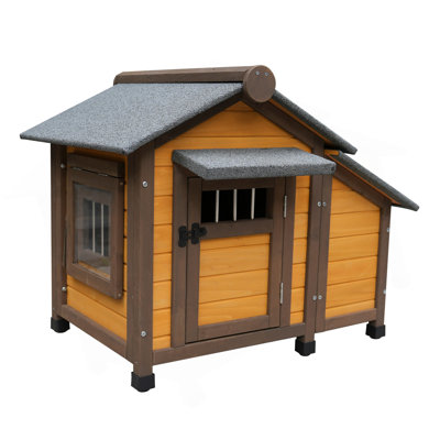 45 Inch Solid Wood Dog House, Cozy Outdoor Shelter for Medium & Small Dogs with Lockable Ventilated Door, Waterproof Insulated Felt Roof & Charming Design