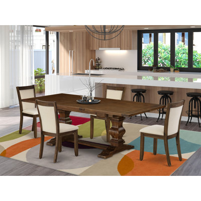 5 Piece Dining Table Set Includes a Rectangle Kitchen Table with Removable Leaf and 4 Light Beige Linen Fabric Upholstered Chairs, Antique Walnut