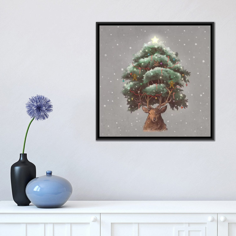 «Reindeer Tree», art sur toile, H 18 po x l 18 po x P 1,5 po, Toile avec cadre noir, Pas de tapis