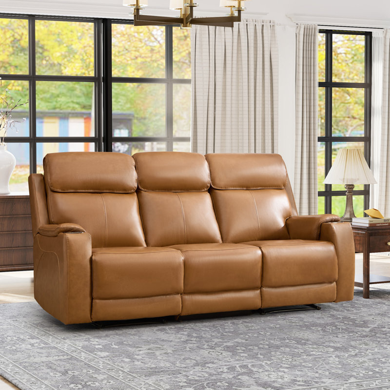 81.09" W Top Genuine Leather Power Reclining Sofa With Adjustable Headrest, USB & Wireless Charging, Caramel Brown