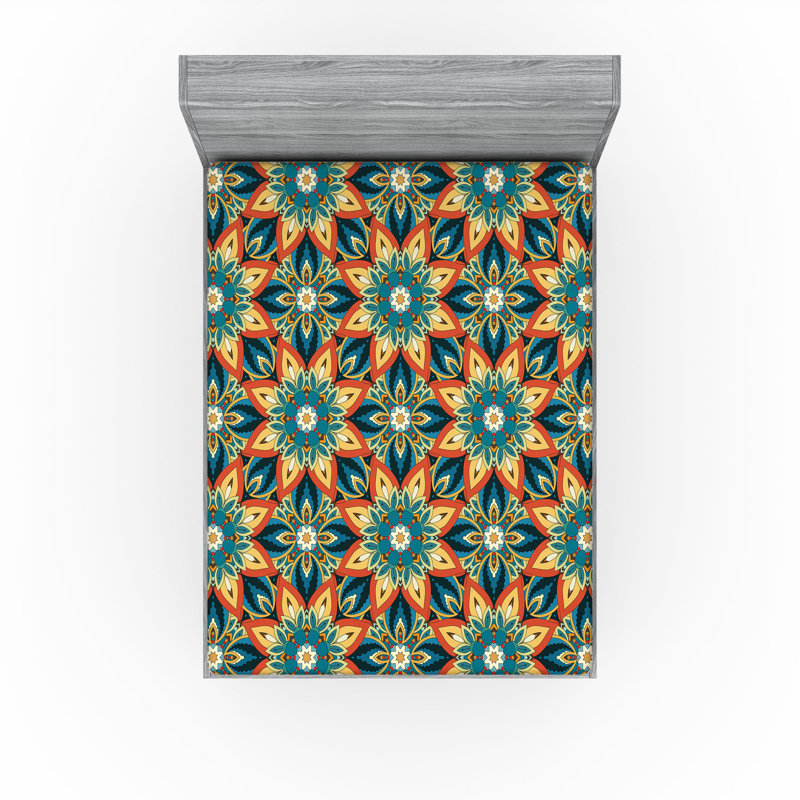 Ambesonne Fitted Sheet 2-Pack, Blue/Green/Yellow Floral, Full Fitted Sheet