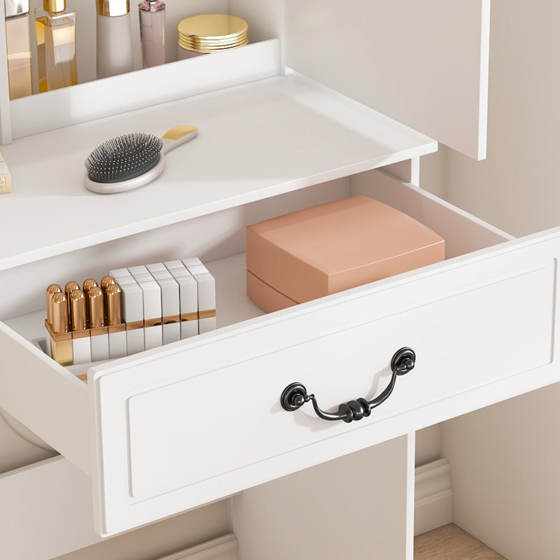 Modern Mini Dressing Table With Adjustable Brightness Led - Lit Mirror, Smart Storage, Multi Tier Proof Shelves And White Padded Stool For Bedroom Decor Mirror Hidden Compartments, Stool, Brightness,