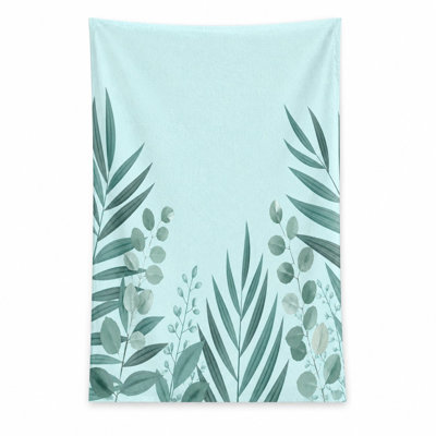 1Pcs Tropical Leaf Beach Towel, featuring a botanical print with palm leaves and eucalyptus sprigs on light blue textured background. Large, absorbent microfiber for, pool, travel, unisex.