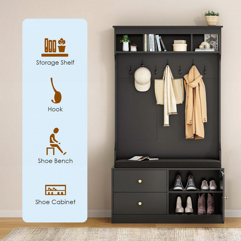 Arbre d'entrée avec banc et rangement pour chaussures, salle de boue avec sièges et 7 crochets, 6 en 1, pour entrée, 70,9 po