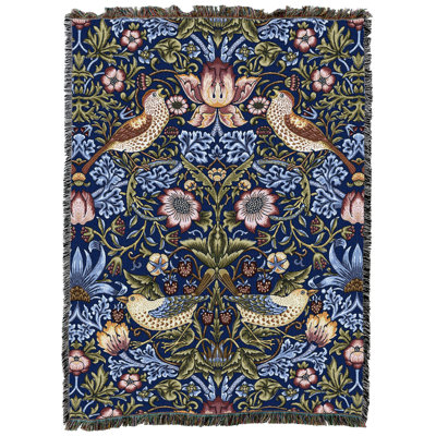 Couverture indigo Pure Country Weavers William Morris Strawberry Thief XL - Arts & Crafts - Tapisserie cadeau tissée en coton - Fabriquée aux États-Unis (82x62)