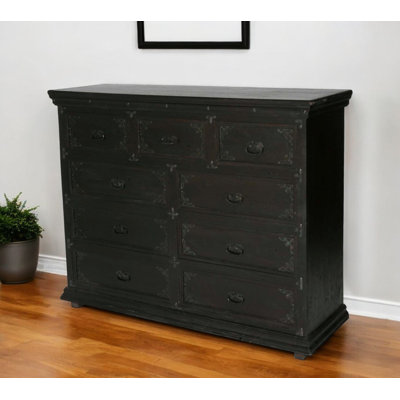 60" Dark Brown Carved Scrollwork Solid Wood Nine Drawer Double Dresser