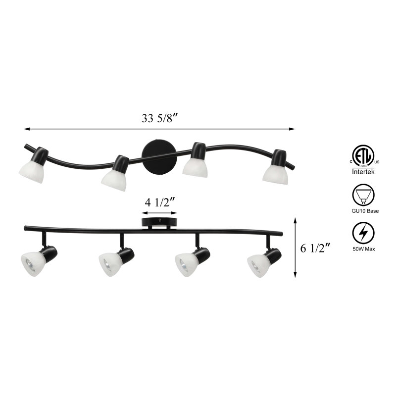 Modern Black Curved 4-Light Track Ceiling Fixture with Alabaster Glass