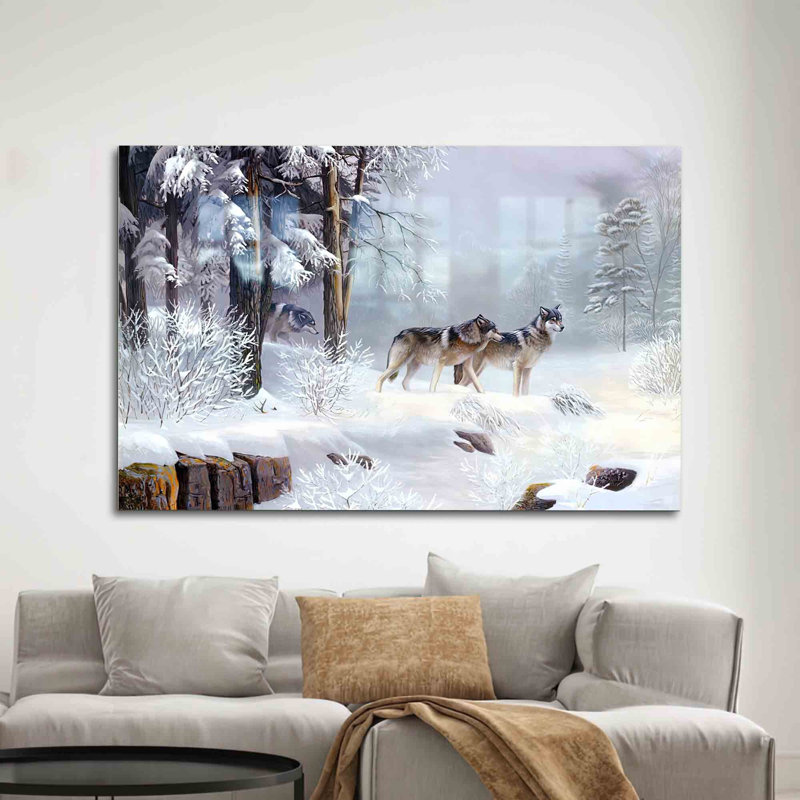 Superbe art mural en verre trempé représentant un paysage de forêt avec trois loups pour une décoration intérieure élégante