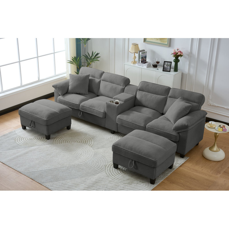 117 inch Corduroy Couches for Living Room with Storage-Capable Ottomans Modern Sectional Sofa Built In USB & Type C Port