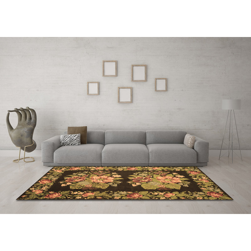 Tapis en chenille / polyester tissé à la machine à motif floral en chenille brun / noir / rose, Rond 4 pi