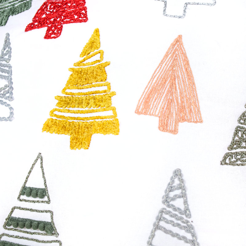 18" White Cotton Embroidered Christmas Tree Pillow with Tassels