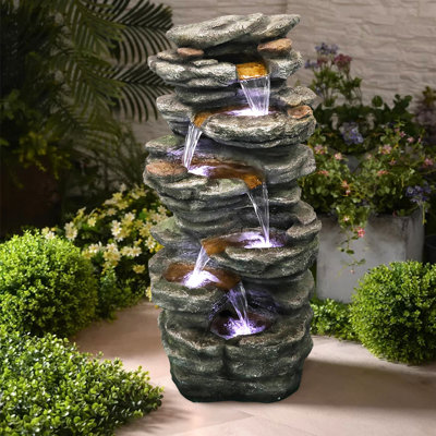 Outdoor Water Fountain 40 Inches High 6-Tier Stacked Simulated Rock Water Fountain