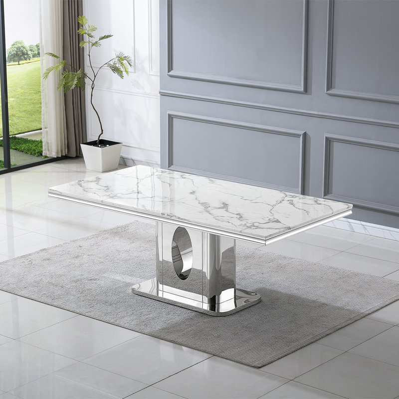 70.08" Faux Marble Dining Table With Stainless Steel Base, Silver, White