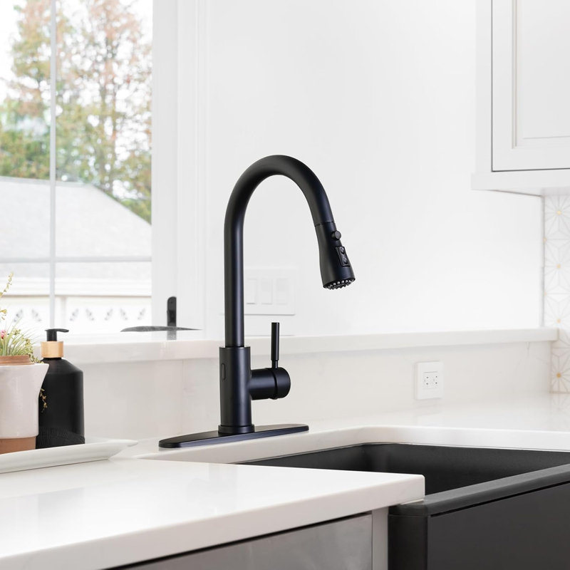 Matte Black Kitchen Faucet with Pull-Down Sprayer, High-Arc Single-Handle Stainless Steel Sink Faucet for Farmhouse, RV, Laundry & Bar Sinks, 1 or 3-Hole Installation