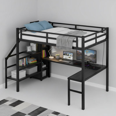 Twin XL Size Loft Bed With L-Shaped Desk And USB, Metal Loft Bed With Adjustable Shelf, LED For Kids Teens Adults