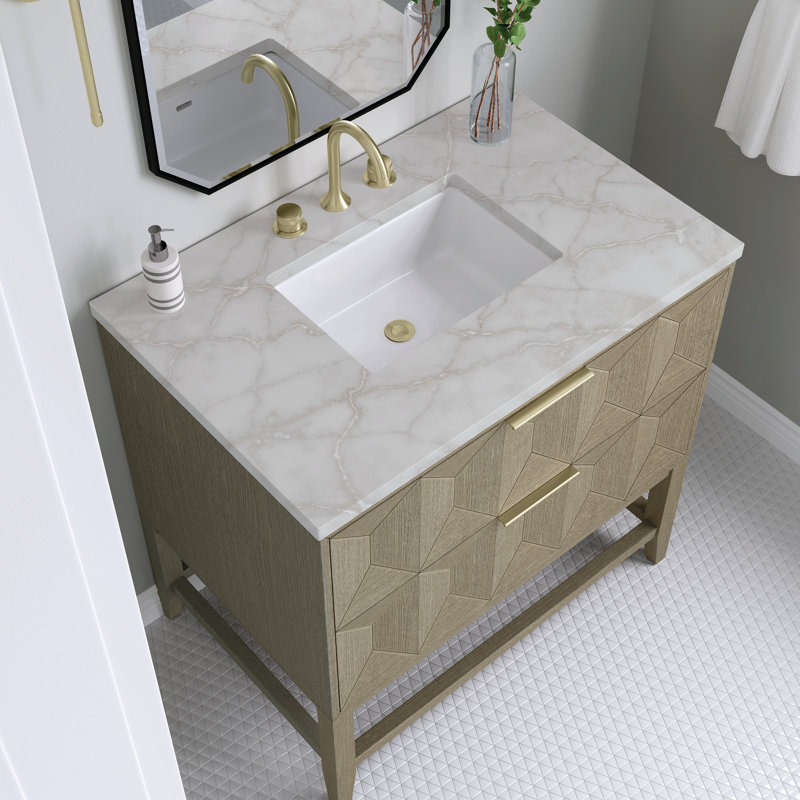 Emmeline 36'' W Single Vanity, Victorian Silver Quartz, 8" Widespread, Oak
