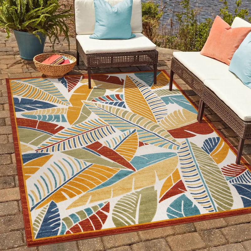 Fosel Lagos All-Weather Flatweave Indoor/Outdoor Area Rug, Multicolored Modern Tropical Leaf – Patio, Deck, Porch & Living Room - 5x7