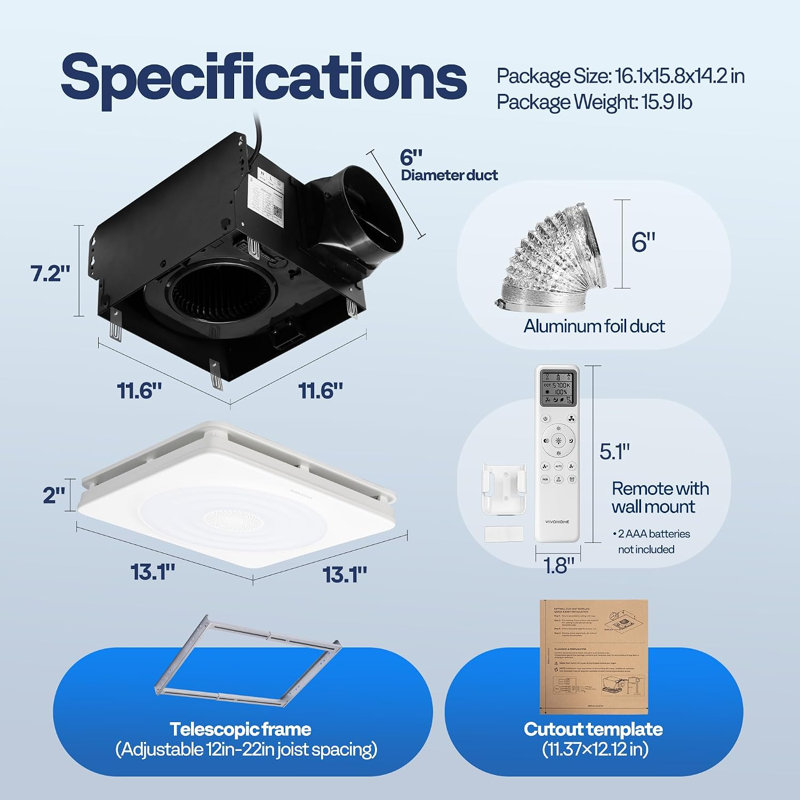 Ventilateur d'extraction intelligent pour salle de bain de 240 CFM avec capteur d'humidité, lumières RVB et haut-parleur
