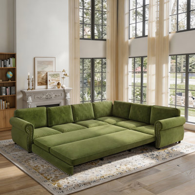 118" Oversize Convertible Sleeper Sofa With Nailhead Trim, Upholstered Sofa Couch With Pull-Out Bed