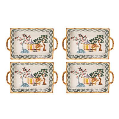 Hand-Painted Rectangular Stoneware Baker With House And Trees Design