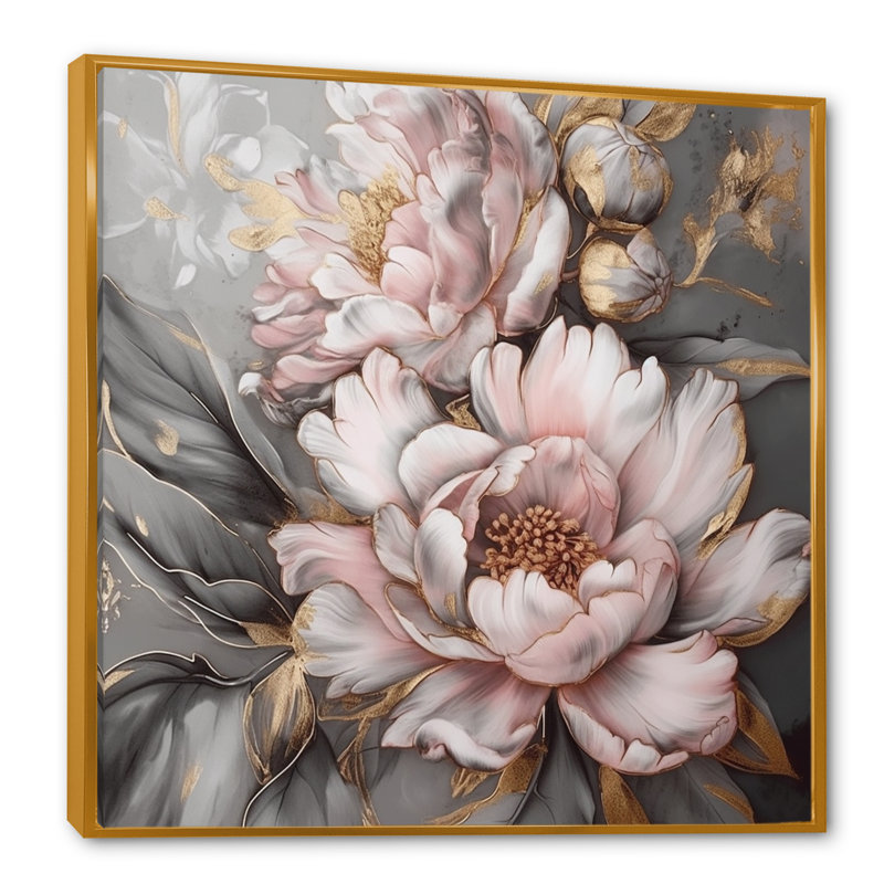 Rose et gris pivoines élégantes I - pivoines, art mural encadré, H 36 po x l 36 po, Cadre flottant doré
