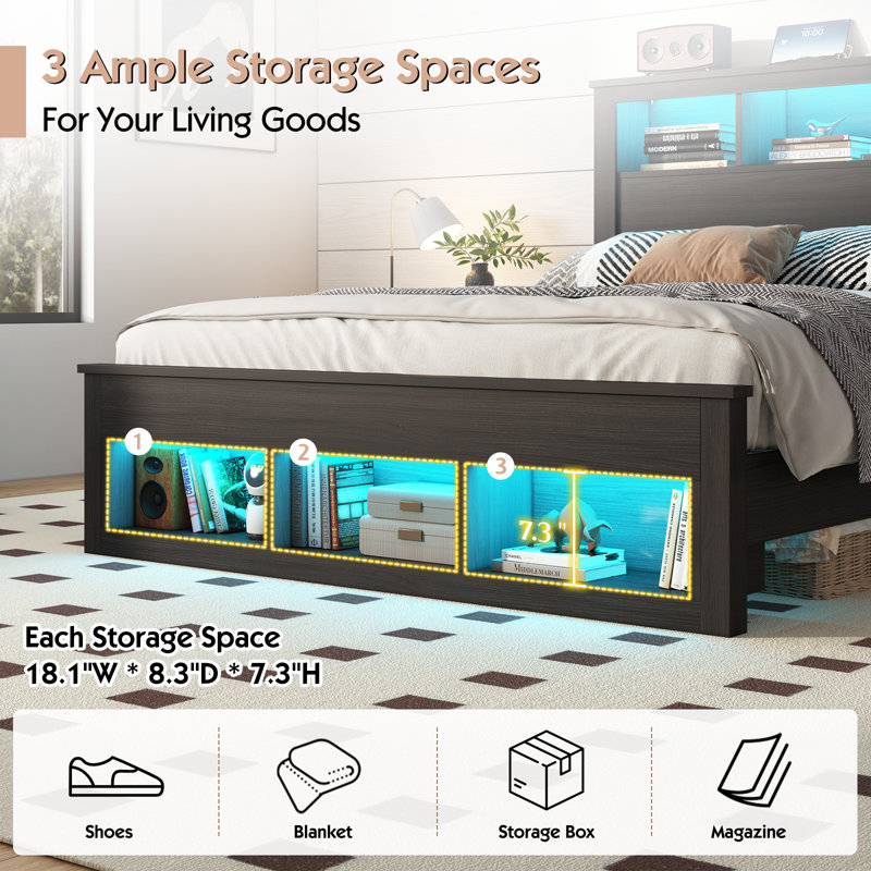 Revan Ivy Bronx Bed Frame With Storage Headboard&footboard, Wooden Platform Bed With Charging Station&led Light,no Box Spring Needed
