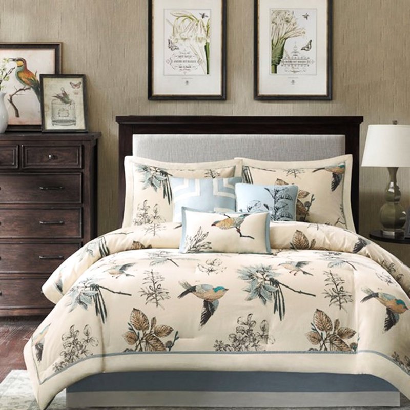 Édredon 7 pièces pour grand lit, sergé de coton, motif feuille d'oiseau, 2 taies décoratives, 3 coussins décoratifs, 1 grand lit facile à laver et literie imprimée, lavable