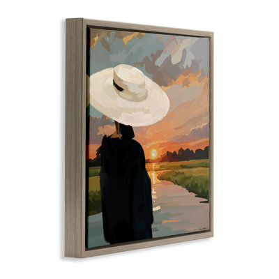 Art mural sur toile flottant à la mode "Femme regardant le coucher du soleil", design par Amelia Noyes