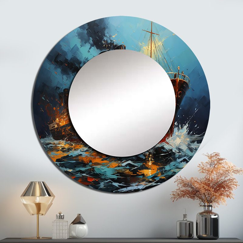Bateau Titanic Collage Interwoven II - miroir mural bateau, miroir décoratif rond bleu sarcelle, impression d'art en métal