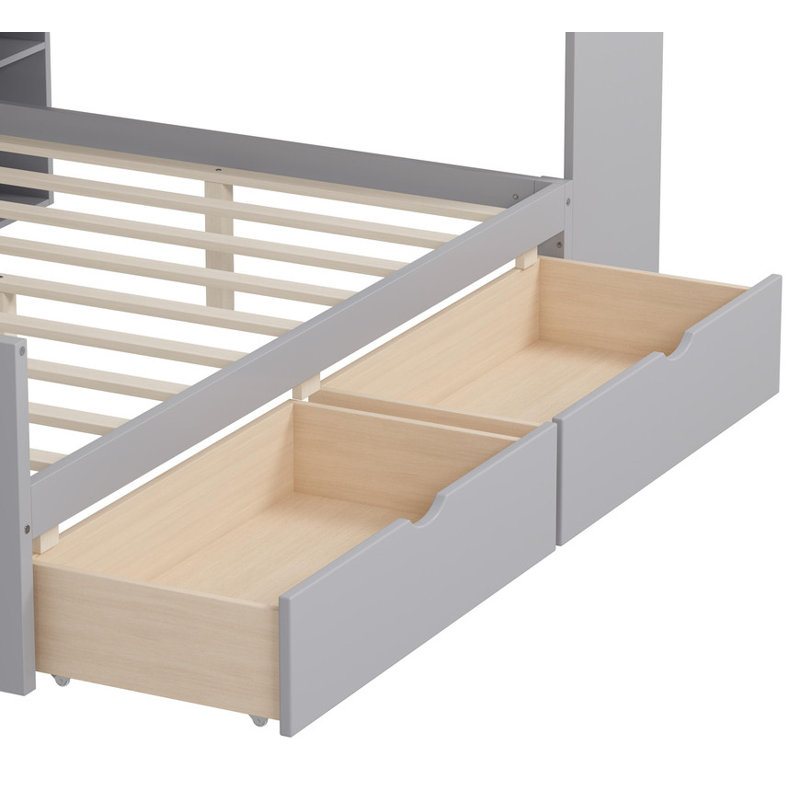 Lit de jour en L pleine grandeur en bois avec rangement (3 armoires + 2 tiroirs) - Bureau d'étude et bibliothèque intégrés, multifonctionnel pour la chambre à coucher / chambre d'amis