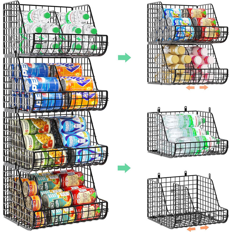 L'organisateur empilable de canettes de soda permet de ranger jusqu'à 72 canettes, un ensemble de 4 boîtes de rangement pour tablettes de garde-manger, 4 supports de canettes de cuisine à 4 niveaux avec 4 diviseurs réglables, un organisateur de boissons grillagées pour tablette d'armoire de garde-manger