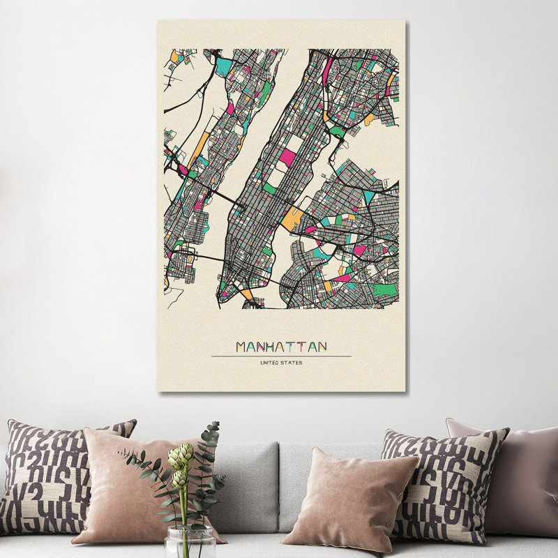 Manhattan, New York Map par Ayse Deniz Akerman - Estampe numérique sur toile tendue avec châssis, H 60 po x l 40po x P 1,5 po
