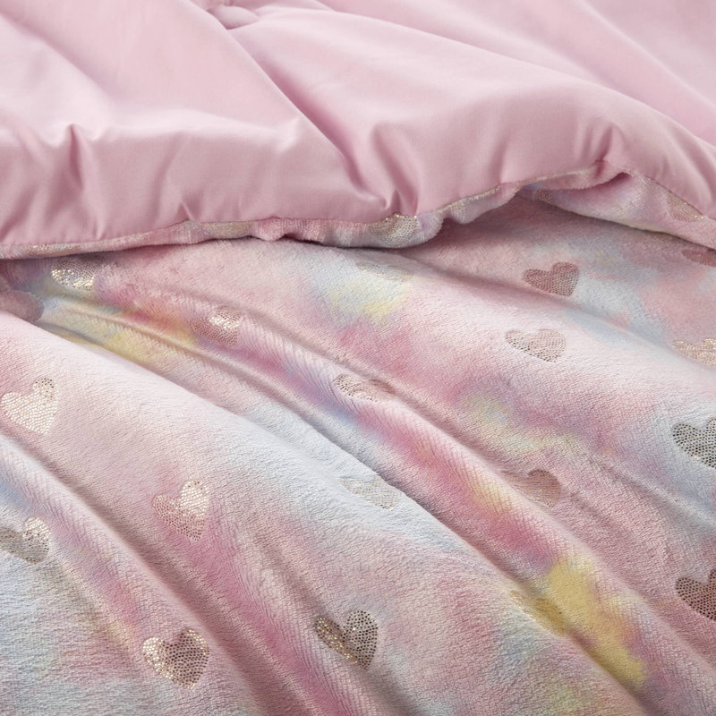 Twin Pink Multi/Gold Microfiber Plush Comforter Set with Hearts