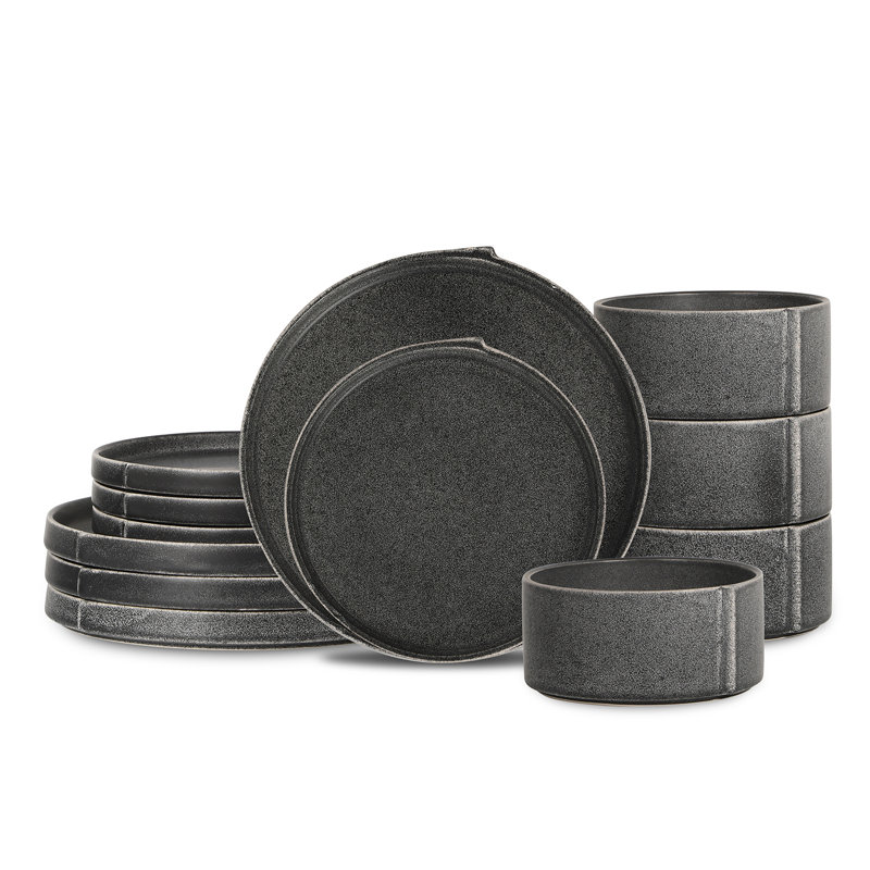 Stone Lain Bao 12-Piece Dinnerware Set Stoneware, Charcoal 