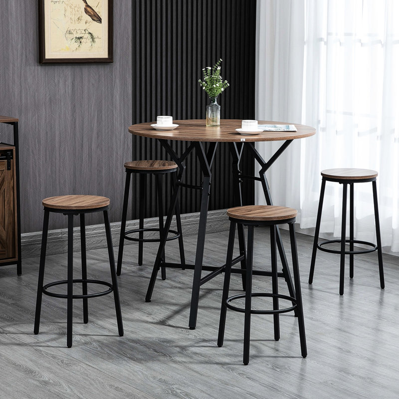 Table industrielle et 5 chaises, cuisine de pub peu encombrante, brun noir. Table ronde, 4 tabourets, la chaise peut supporter un poids de 220 lb, 132 lb pour la salle à manger, les tabourets et les tabourets debout jusqu'à une charge