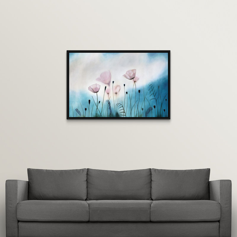 « gossamer prières », peinture sur toile, H 33,7 po x l 49,7 po x p 1,75 po, Cadre flottant noir