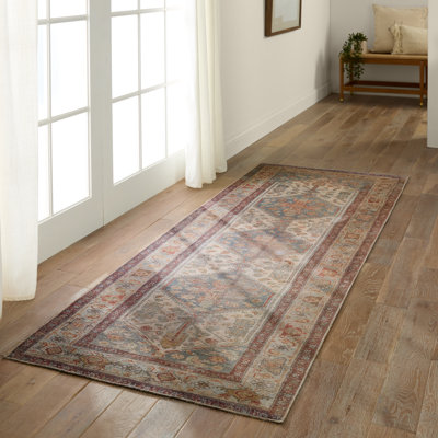Tapis oriental tissé à la machine en polyester crème / bleu / rouge