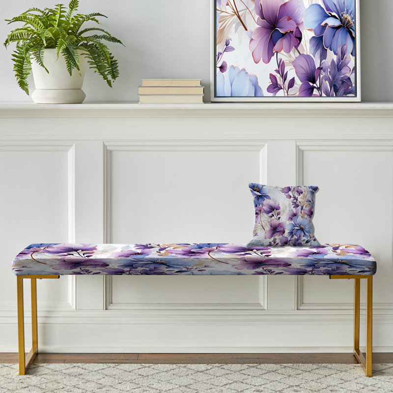 Banc floral rembourré or, Wonderland, fleurs blanches et mauves