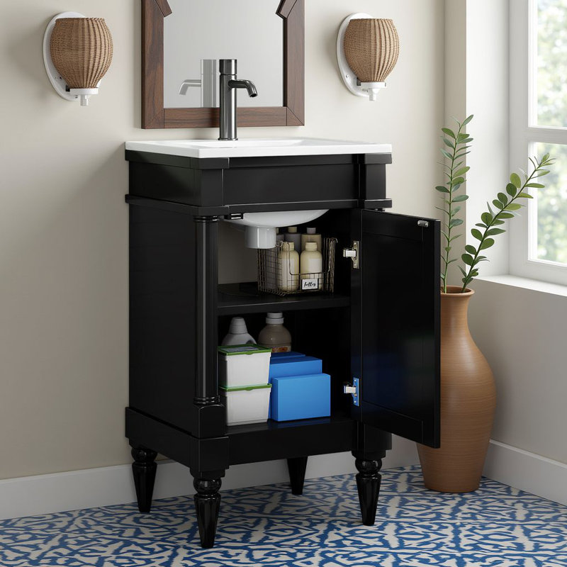 18-Inch Modern Freestanding Small Bathroom Vanity With Ceramic Sink, Storage Cabinet With Adjustable Shelf, Black