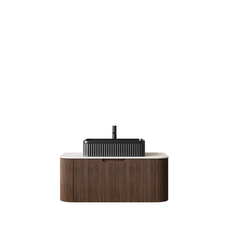 Meuble-lavabo de salle de bain avec lavabo, meuble de rangement mural à bords courbés et rayés avec 2 tiroirs, lavabo rectangulaire en céramique, sans robinet, pré-assemblé