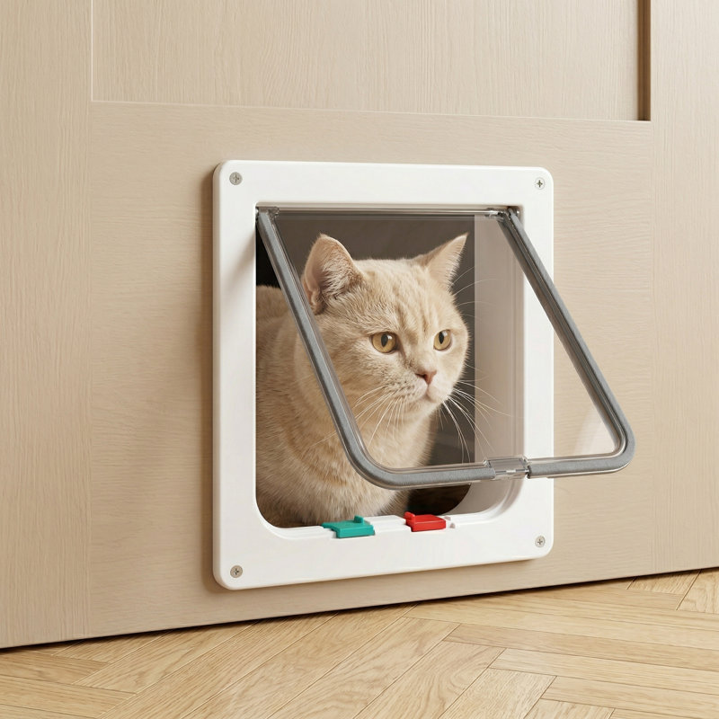 Porte pour chat verrouillable à 4 voies, taille extérieure 7,5 x 7,8 po, porte pour animaux résistante aux intempéries pour portes intérieures / extérieures, pour chats et chatons de moins de 15,75 po