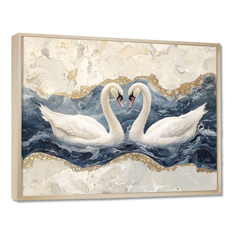 Art mural en marbre de la danse du cygne IV - cygnes, H 12 po x l 20 po, Impression encadrée flottante, Crème, crème