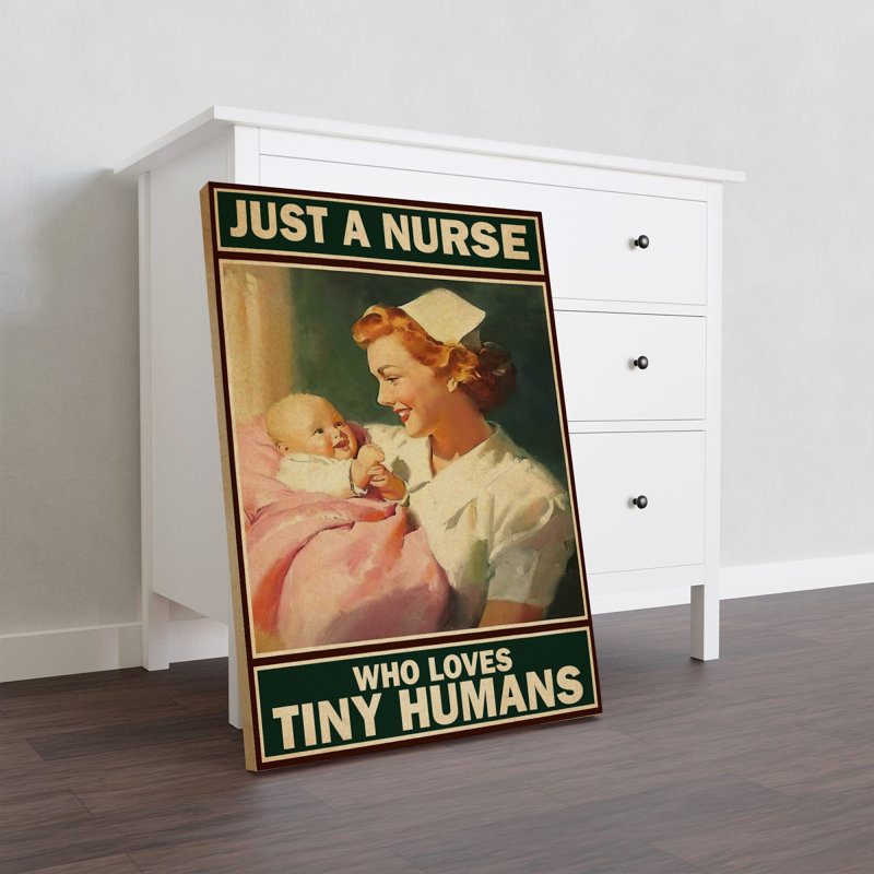 «A Nurse Who Loves Tiny Humans», toile tendue pour la profession, décor vert et orange, H 14 po x l 11 po x P 2 po