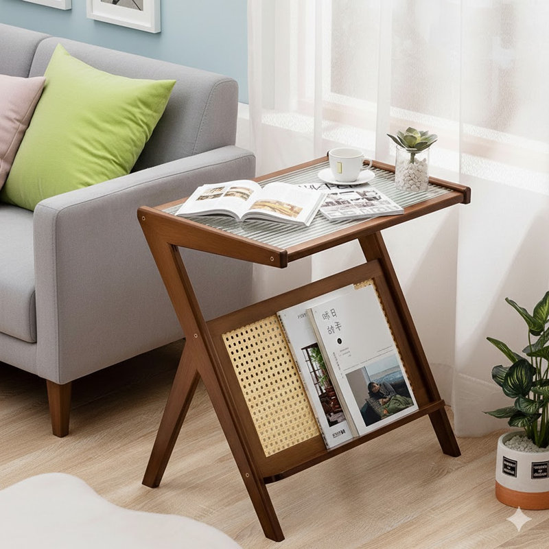 Table de chevet brun en rotin et bambou Boho - Table d'appoint avec rangement en verre pour petit salon et chambre à coucher