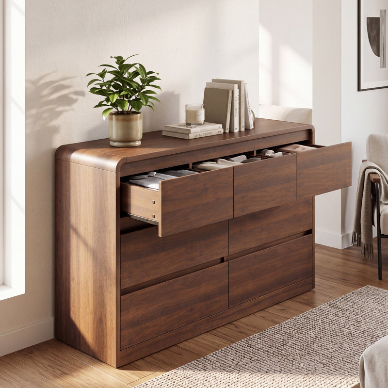 Commode 7 tiroirs pour chambre à coucher, commodes et commodes, profil profilé moderne, Couleur noyer
