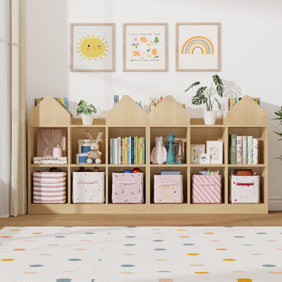 Ensemble de 2 étagères de rangement pour livres et jouets, unité de style château avec 4 étagères à livres et 6 casiers ouverts pour espaces de jeux, de garderie et de garderie, naturel