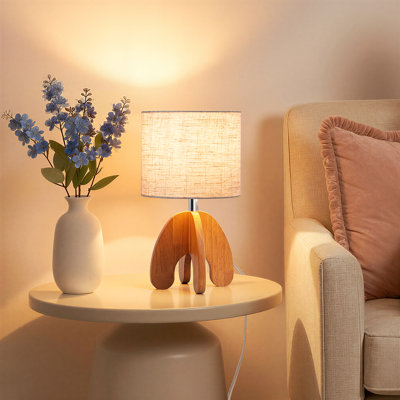 14.3" Small Wood Table Lamp With Drum Linen Lampshade , Nightstand Lamp For Living Room, Bedroom