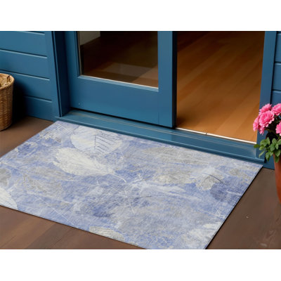 Tapis extérieur lavable floral bleu denim et ivoire 3 pi x 5 pi