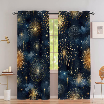 2PCS Grommet Top Blackout Window Curtains, Festive Galaxy Firework Pattern Printed Drapes, Thermal Insulated, Noise Reducing, Privacy Protection, Room Darkening Decorative Window Treatments for Bedroom Living Dorm Home Decor